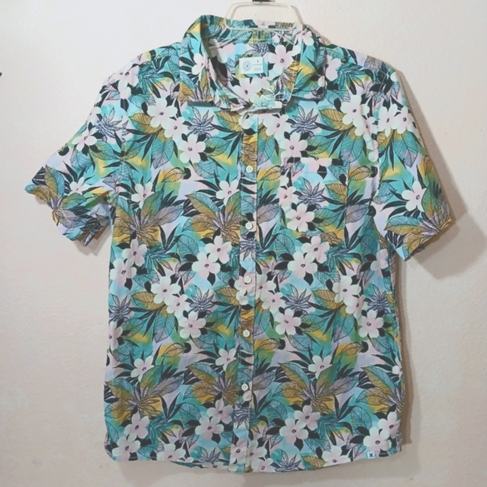 Hurley Men's Button-Up Floral Shirt - Pink And Blue Hawaiin Style Size M